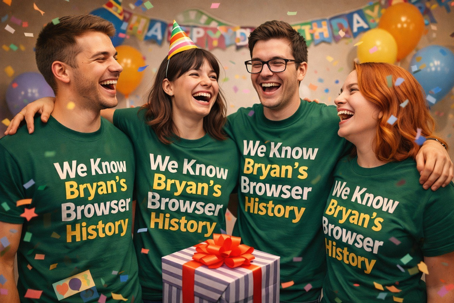 Friends wearing matching inside joke custom t-shirts at a birthday party