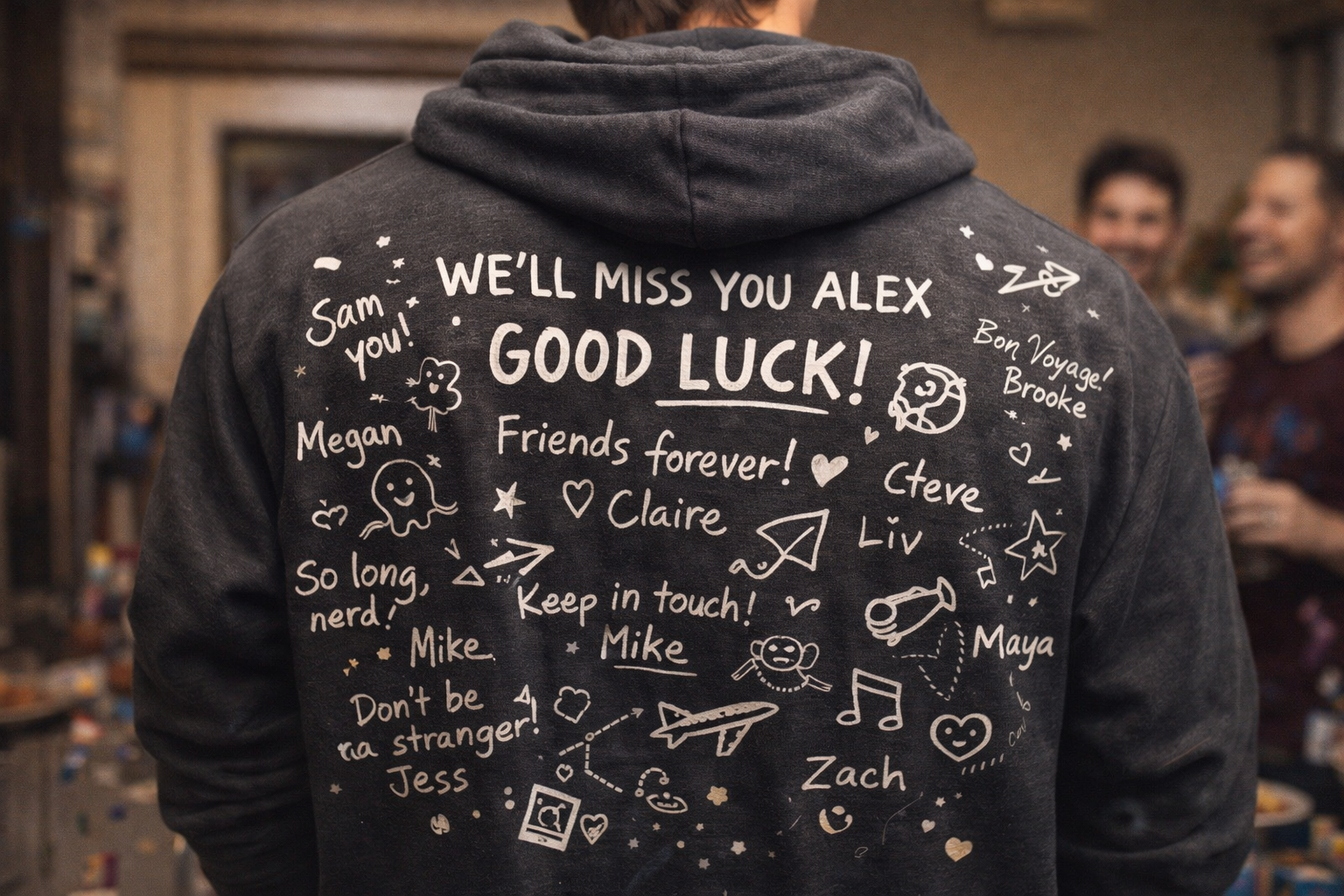 Custom hoodie back print with handwritten signatures and doodles from friends