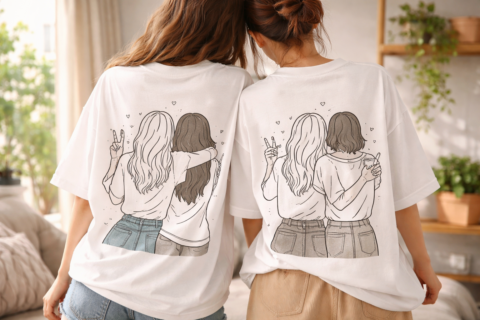 Minimal line art illustration of two best friends printed on a trendy oversized t-shirt