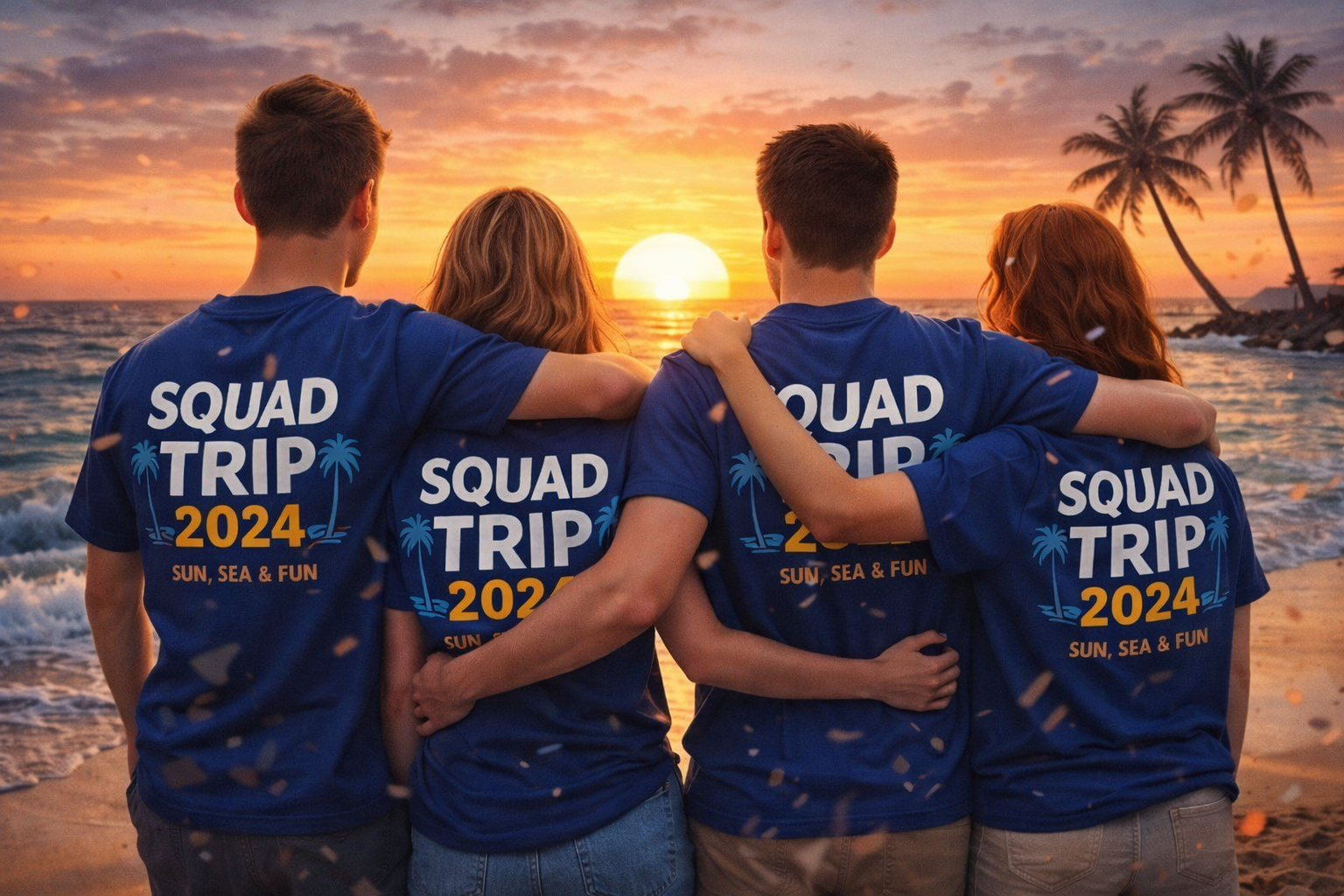 Group of friends wearing matching trip t-shirts at beach sunset with fun typography