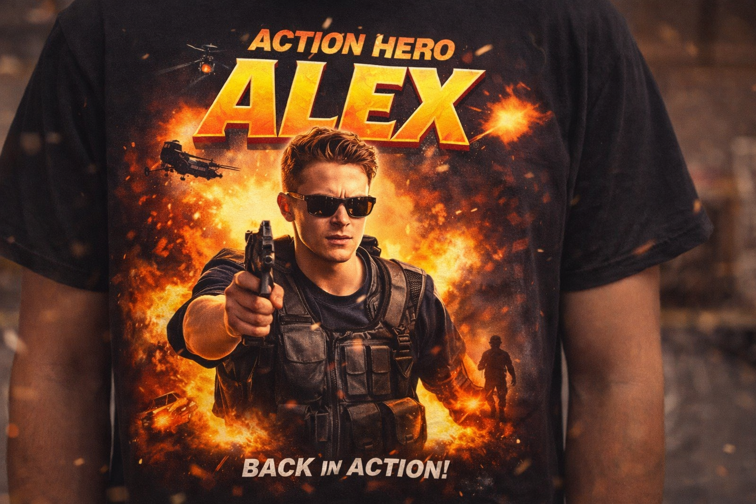 Movie poster style custom t-shirt design featuring friend as the hero character with dramatic typography